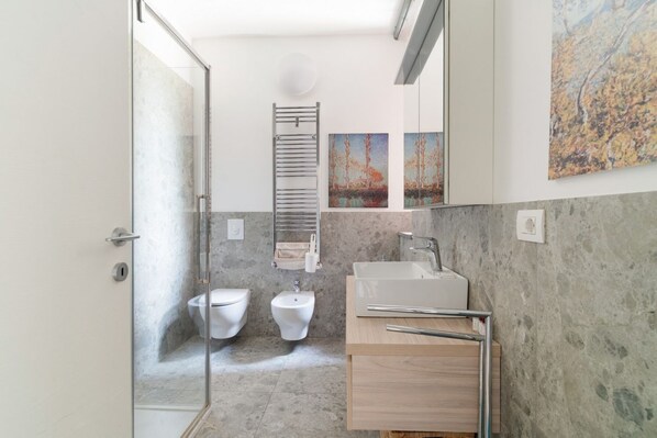 Shower, hair dryer, bidet, towels