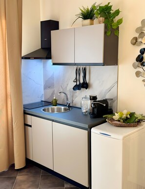 Fridge, stovetop, coffee/tea maker, electric kettle