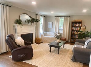 Fireplace, books, printers