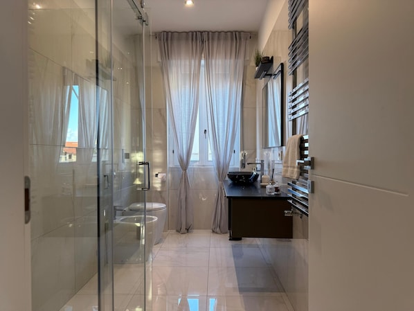 Regadera, secadora de cabello, bidet, toallas