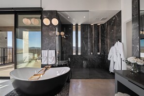 Hair dryer, towels, soap, shampoo