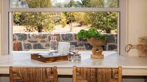 A kitchen counter with a stone wall, a potted plant, and a tray with glassware.