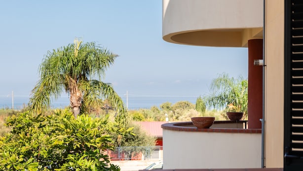 Un balcon avec vue sur la mer, un palmier et des plantes en pot.