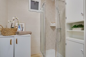 Shower, hair dryer, towels