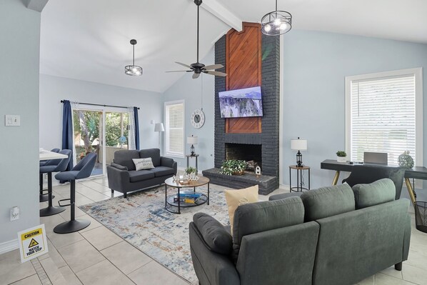 TV, fireplace, computer monitors