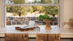 A kitchen counter with a stone wall, a potted plant, and a tray with glassware.
