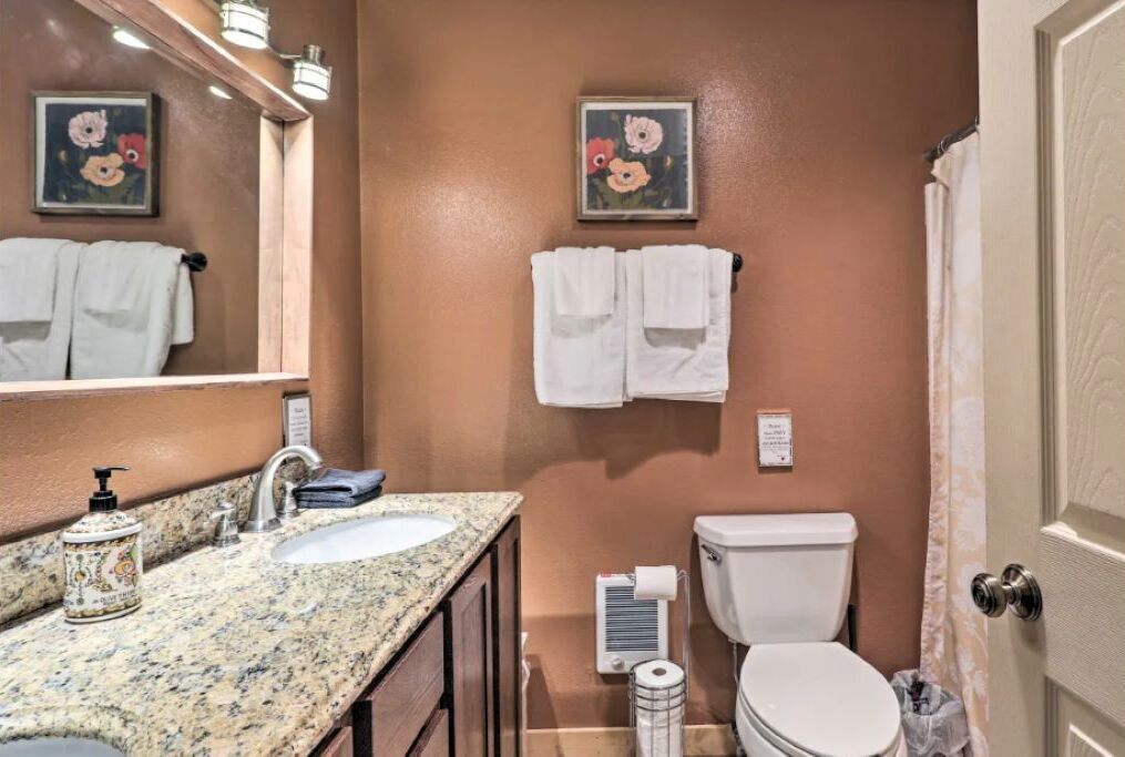 Ein Badezimmer mit einer Granitplatte, einem Waschbecken, einer Toilette und zwei gerahmten Blumenbildern an der Wand.