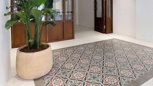 Ein Zimmer mit einer großen Holztür, einem Topfpflanzen und einem gemusterten Boden.
