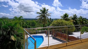 Une piscine située sur une terrasse, offrant une vue sur les palmiers et la végétation luxuriante.