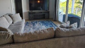 A living room with a grey sofa, a blue rug, and a TV on a stand. - Waterfront and Gulfview Retreat Hernando Beach (Hernando Beach)