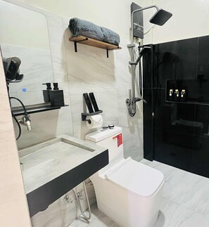 Douche, séchoir à cheveux, serviettes fournies