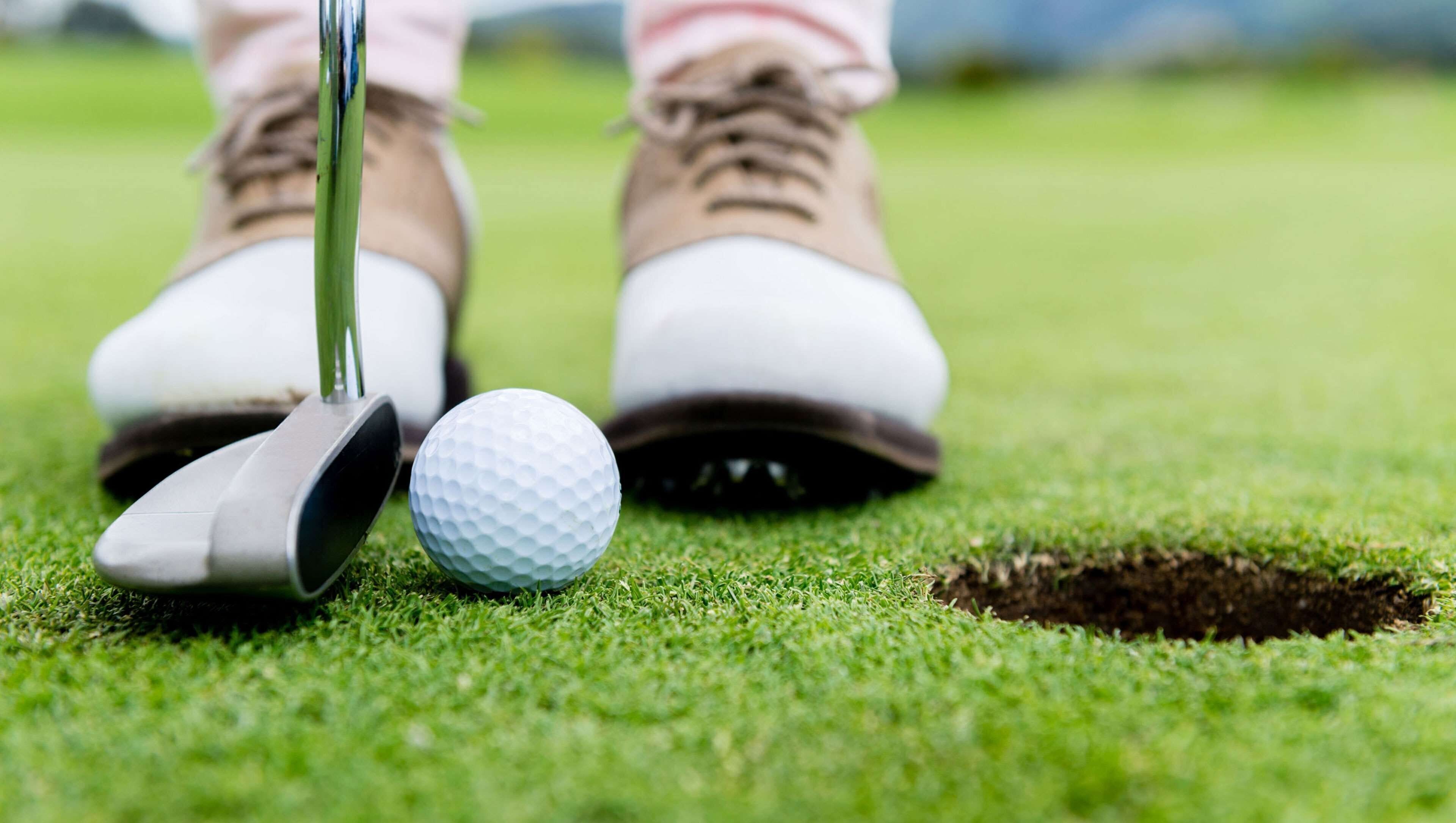 A golf ball and club on a green with a hole.