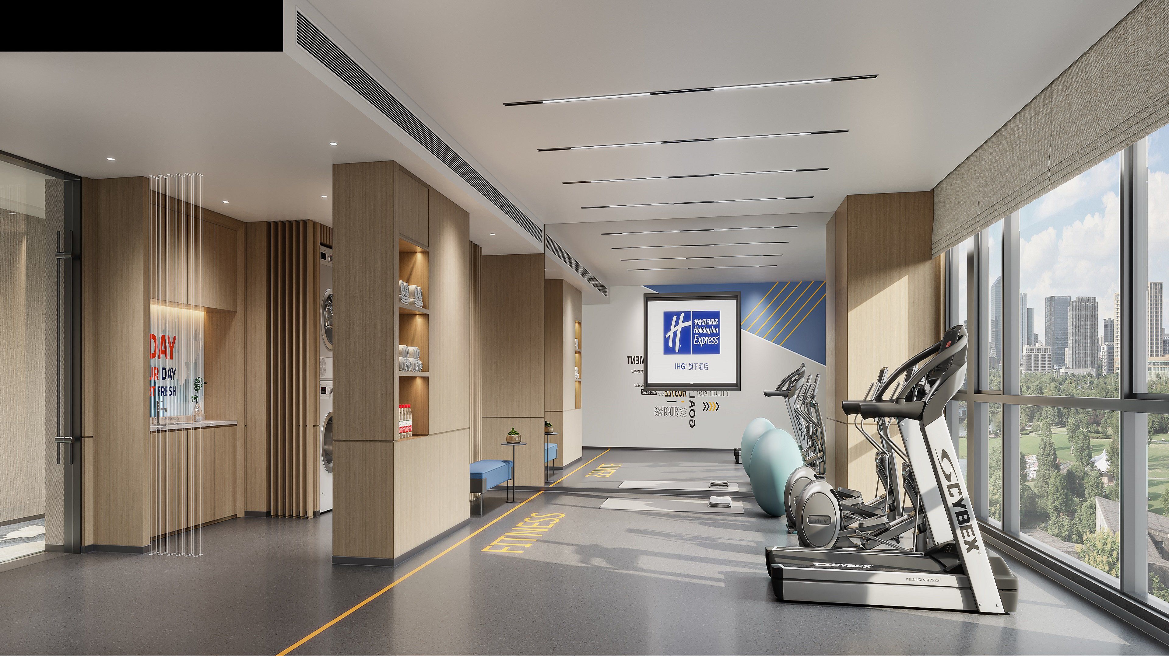 Un'accogliente hall d'hotel moderna, con area fitness, ampie finestre e vista sullo skyline della città.