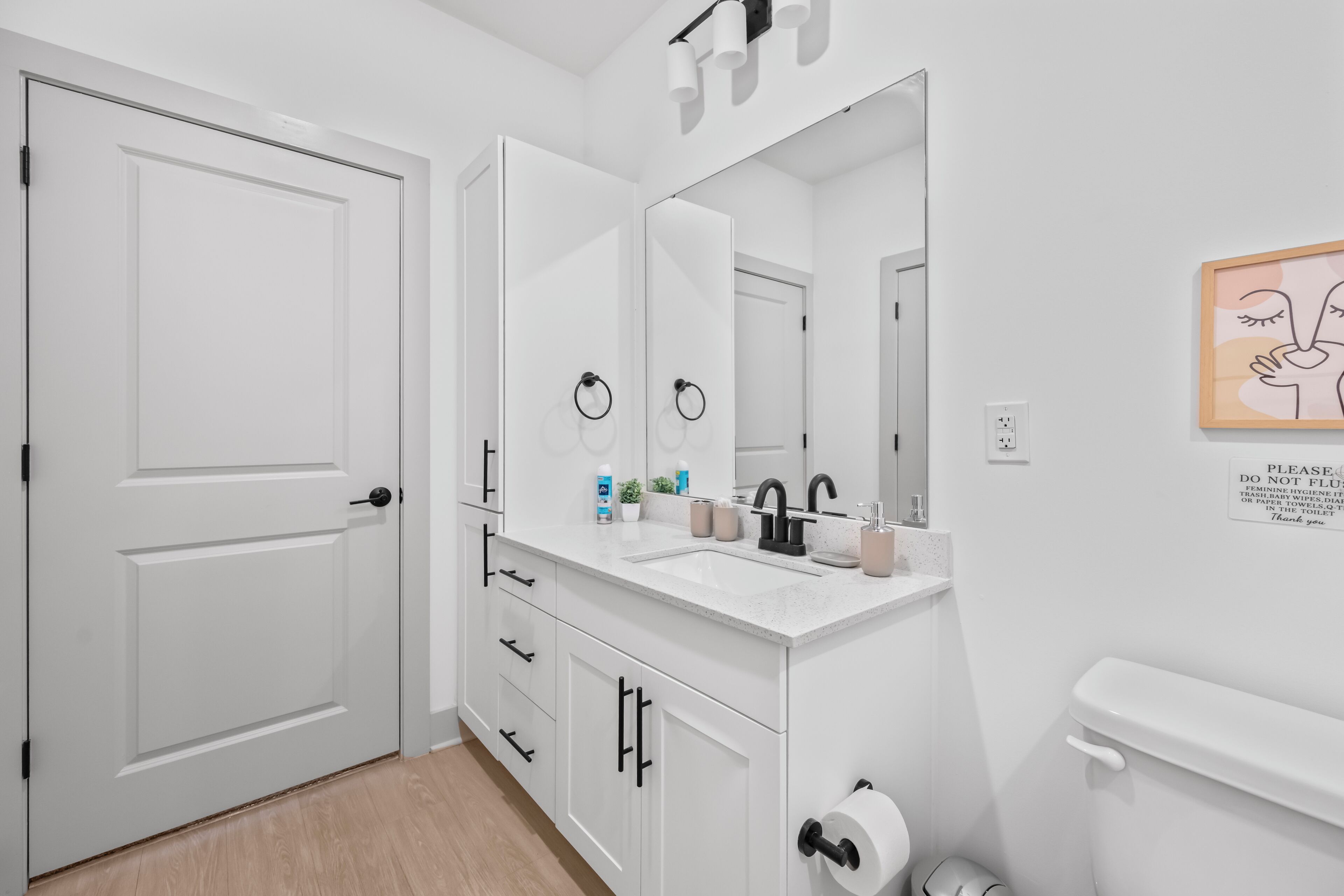 Hair dryer, towels, soap, toilet paper