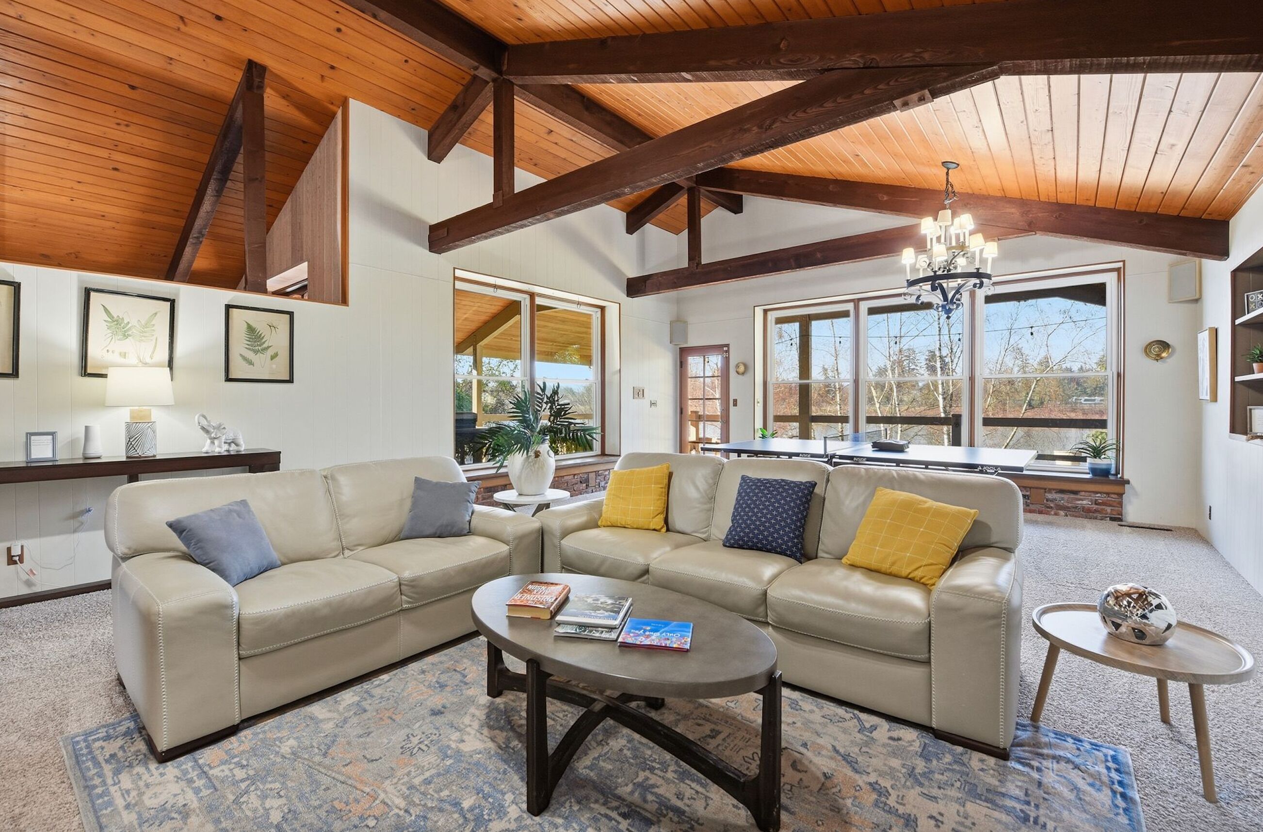 Téléviseur, foyer, table de ping-pong, livres