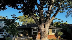 A two-story house with a porch, a large tree in front, and a well-maintained lawn.