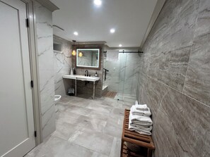 Shower, hair dryer, towels, soap