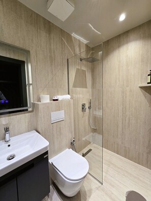 Deluxe Double Room | Bathroom | Shower, hair dryer, towels, soap