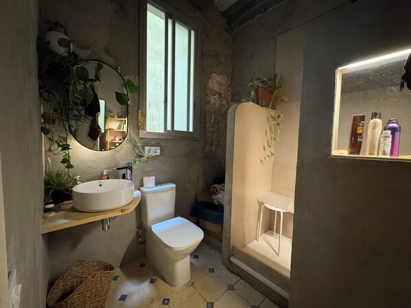 Regadera, secadora de cabello, toallas, papel de baño 