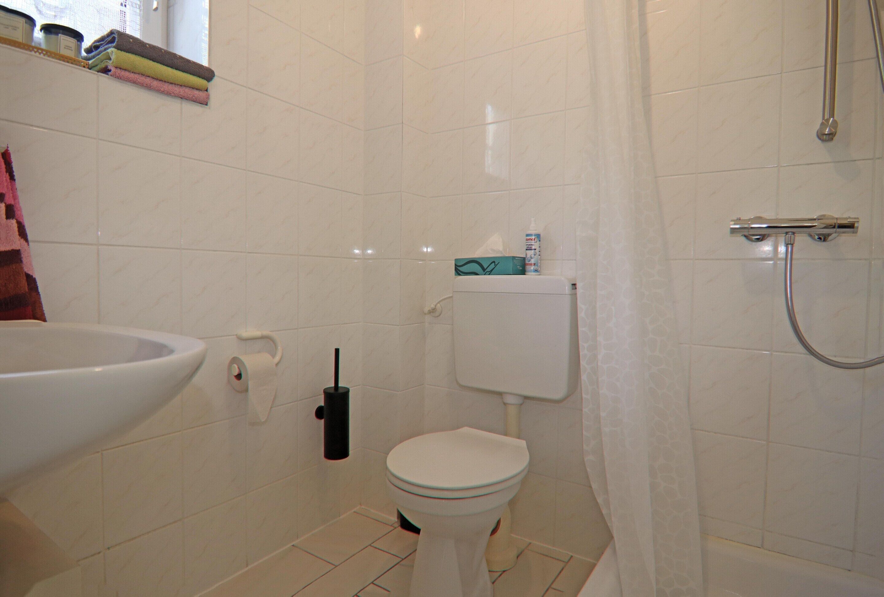 Une salle de bain avec des toilettes, un lavabo et une douche.