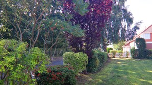 A residential area with a well-maintained lawn, various shrubs, and a house with a visible front yard and driveway.