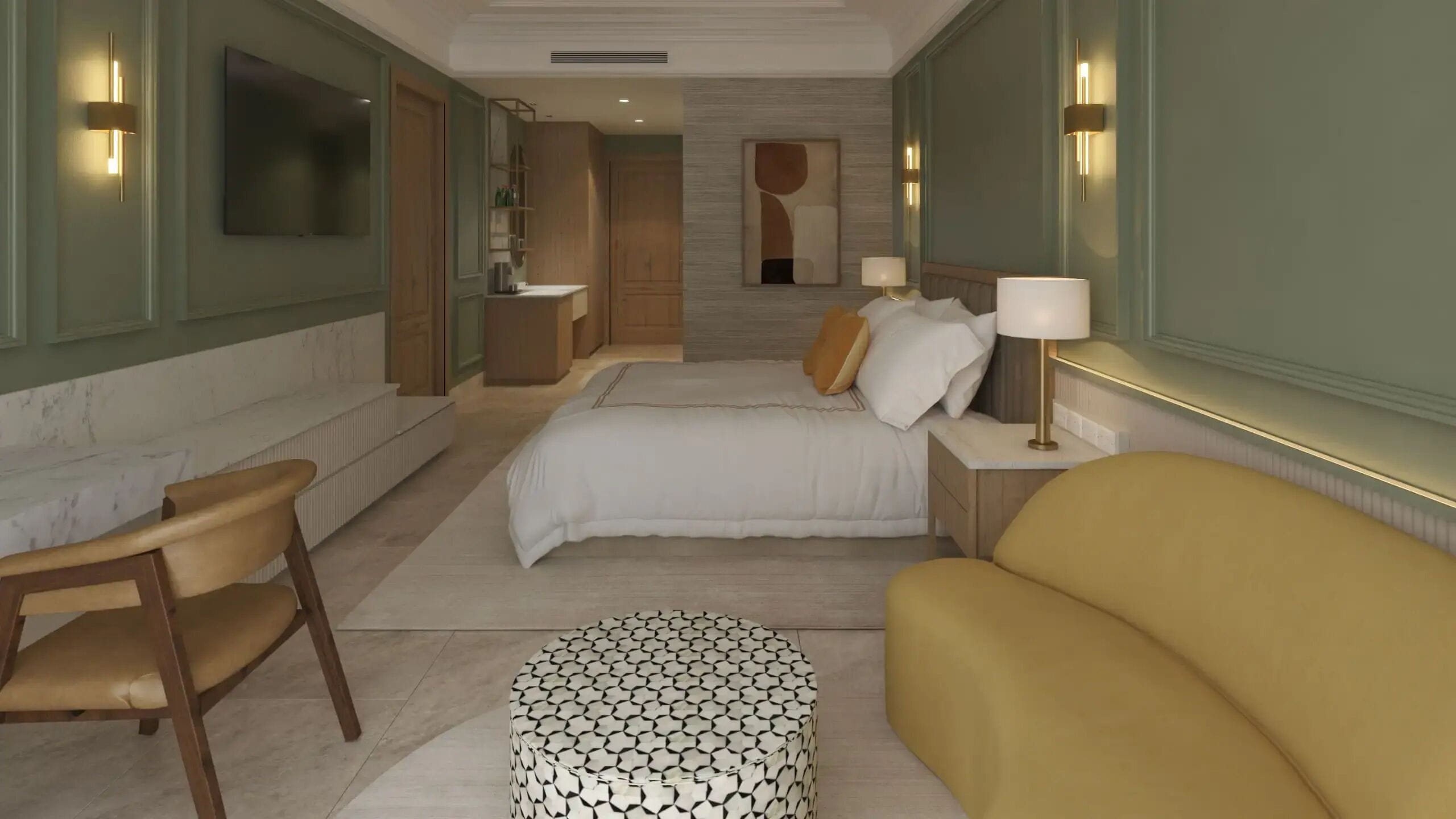A modern hotel room with a large bed, a sitting area with a chair, a small table, and a TV mounted on the wall.