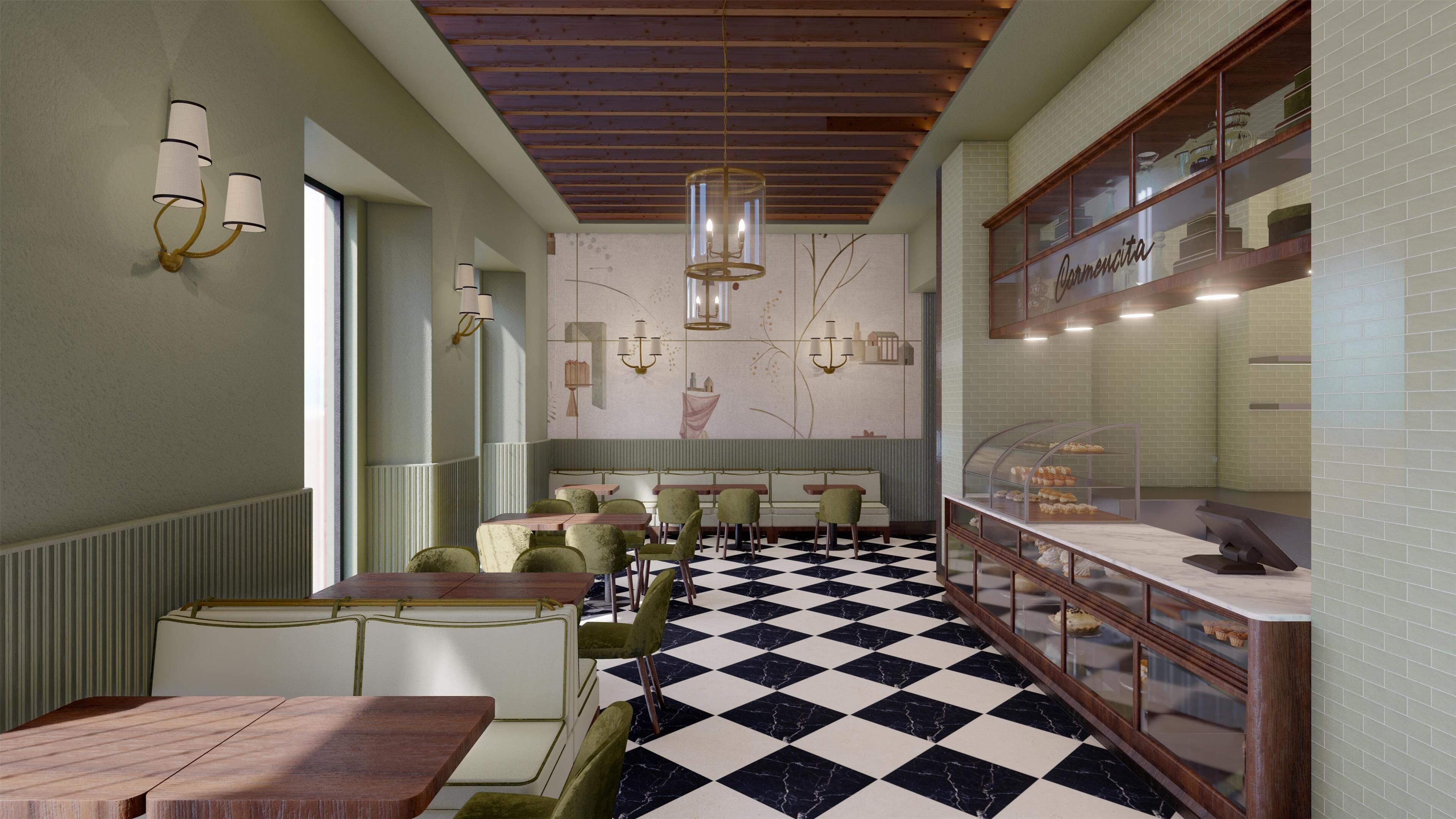 A restaurant with a checkered floor, green chairs, and a display case with baked goods.