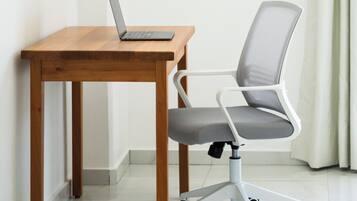 In-room safe, desk, laptop workspace, blackout curtains