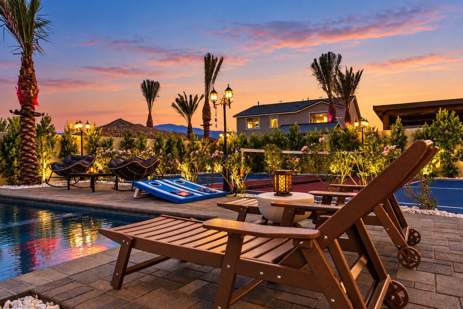 A poolside area with lounge chairs, a hot tub, and a table with a lamp.