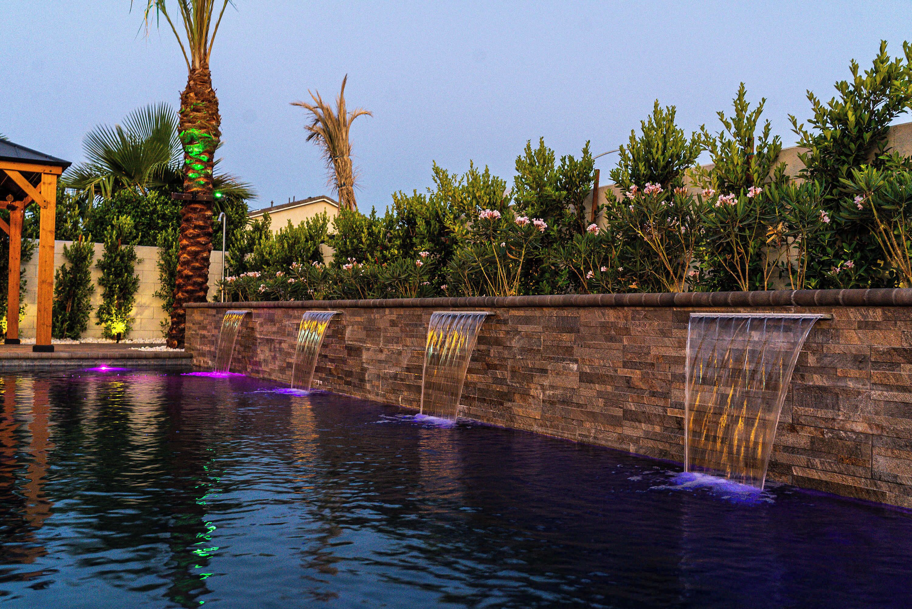 A swimming pool with water features and a palm tree.