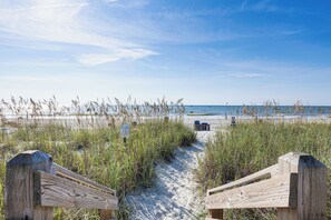 A wooden pathway leading to a beach with sand and seaweed. - Oceanfront Home w/ Deck & Views in Surfside Beach! (Surfside Beach)
