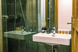 Shower, bidet, towels, soap