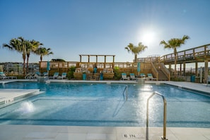 Outdoor pool, pool umbrellas, pool loungers