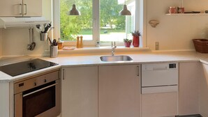 A modern kitchen with a built-in oven, a dishwasher, and a sink. There are hanging utensils and a spice rack on the countertop. - 3 bedroom gorgeous home in Ulfborg (Ulfborg)