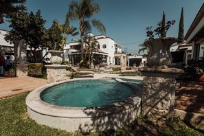 A pool surrounded by stone pillars and a well-maintained garden with palm trees and other greenery.