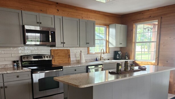 A modern kitchen with grey cabinets, stainless steel appliances, and a large island. -  Farmhouse close to wedding venues, hunting plantations in Whigham - 3 bedrooms (Whigham)