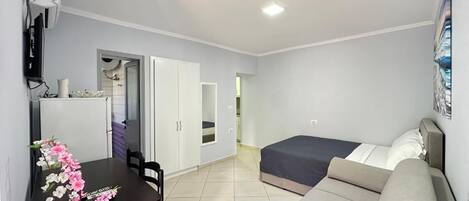 A compact hotel room with a bed, a sofa, a desk, and a TV.