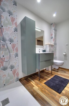 Shower, hair dryer, towels