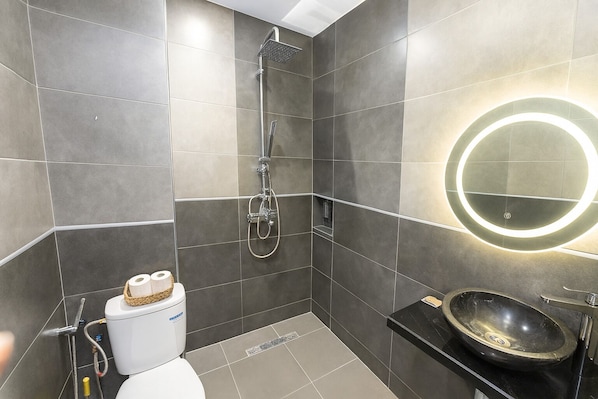 Hair dryer, bidet, towels, soap