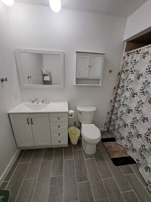 Hair dryer, towels, soap, shampoo