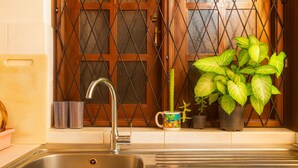A kitchen with a stainless steel sink, a faucet, and a window with a metal grid. There are potted plants on the windowsill.