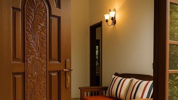 A wooden door with intricate carvings, a bench with striped cushions, and a wall-mounted light fixture.