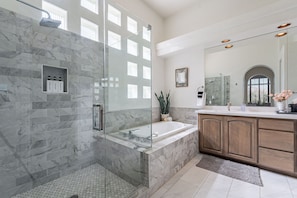 Jetted bath, hair dryer, towels, soap