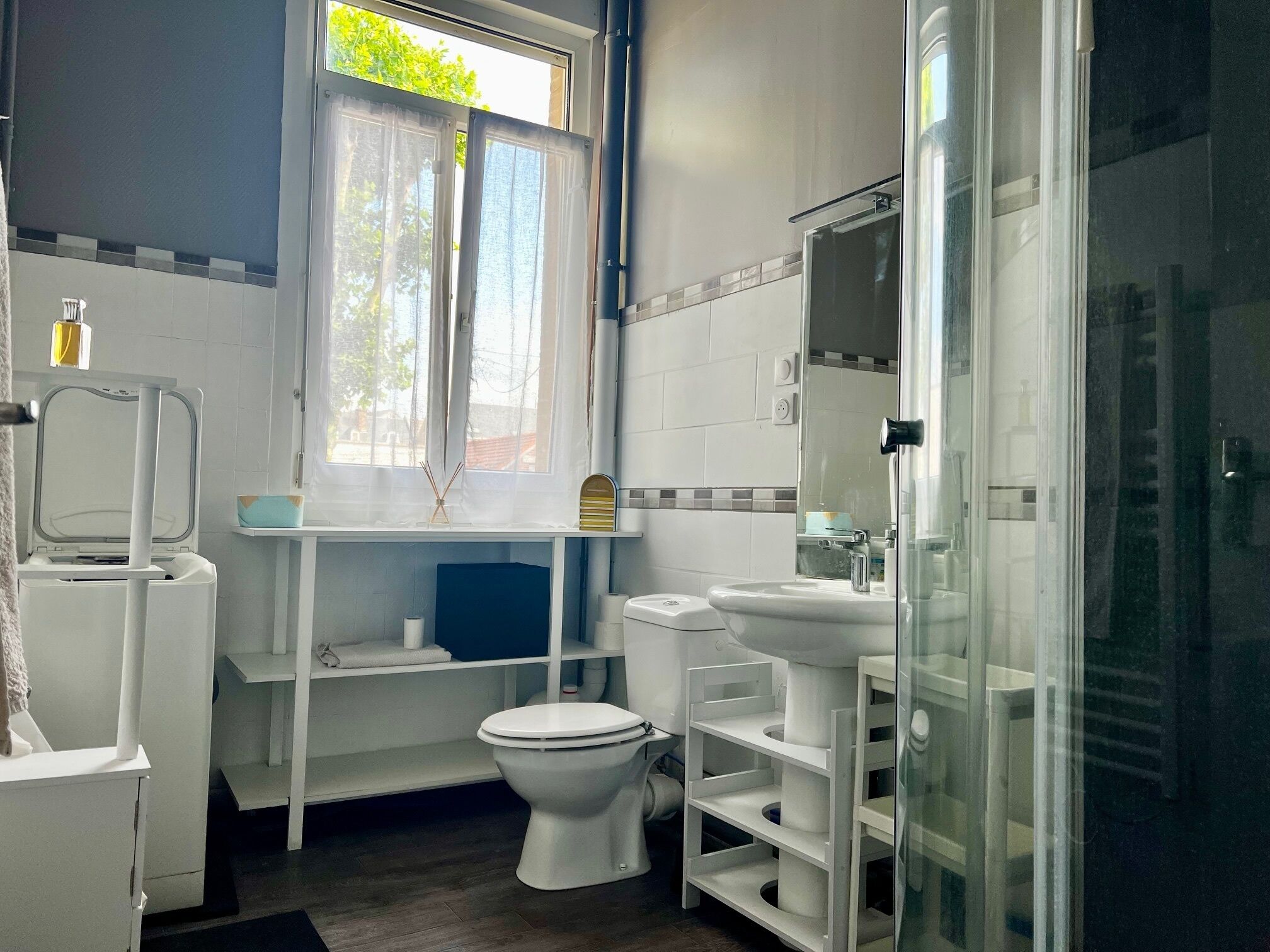 Shower, bidet, towels, soap