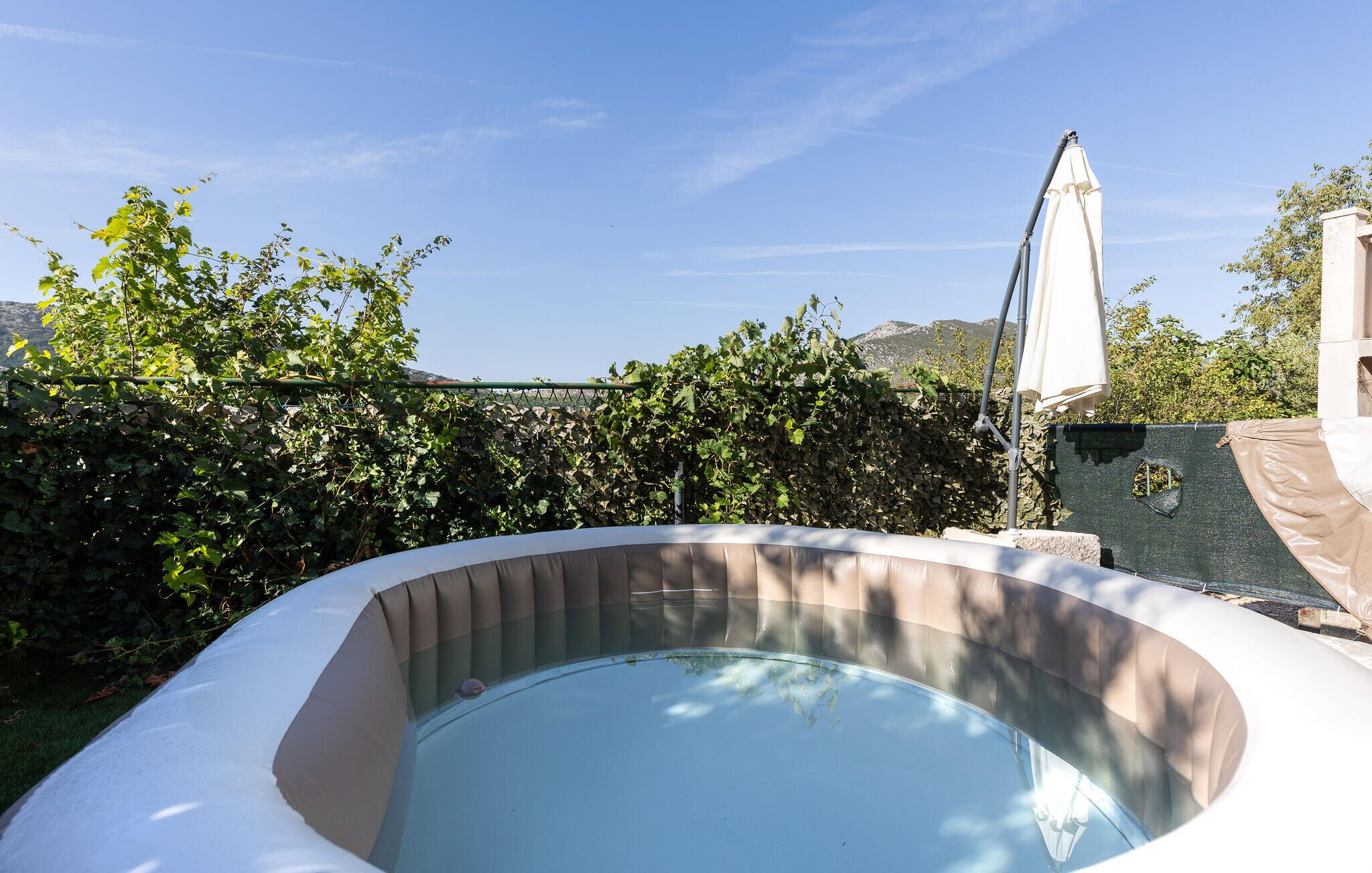 A swimming pool surrounded by a hedge, with a clear sky and distant mountains in the background.