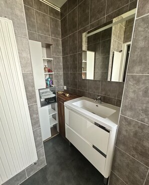 Een haardroger, handdoeken, zeep, toiletpapier