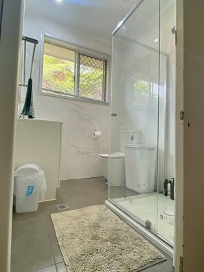 Hair dryer, towels, soap, toilet paper