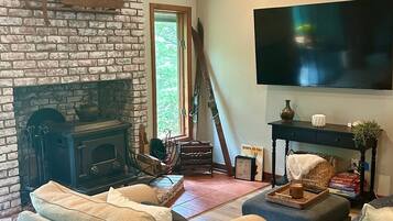Smart TV, fireplace, books, stereo