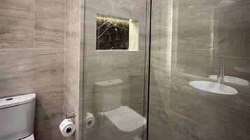 A modern bathroom with a glass-enclosed shower, a toilet, and a sink.
