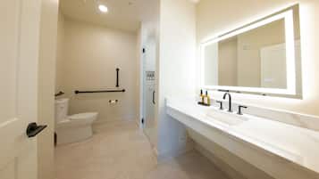 A modern bathroom with a toilet, sink, and mirror.